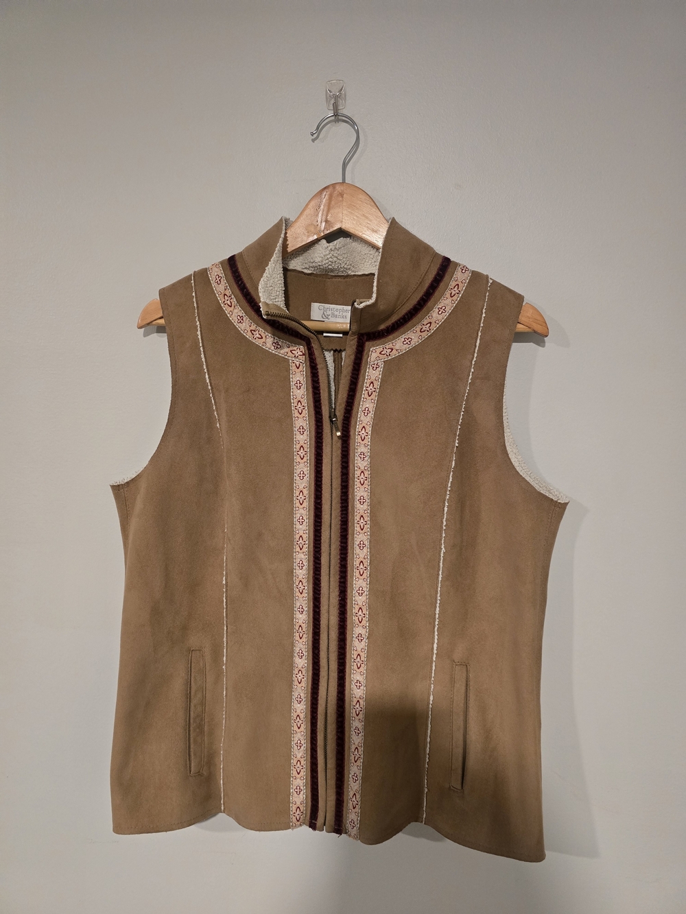 Vintage Christopher & Banks Tan Suede Vest with Embroidered Trim